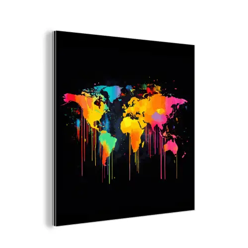 Wereldkaart - Verf - Kleurrijk - Graffiti - Wereld aluminium wit klein -3d