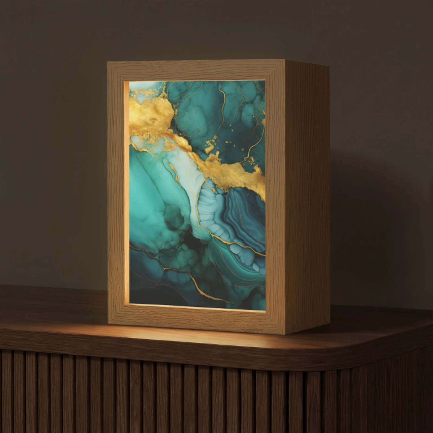 Marmer - Goud - Blauw groen - Abstract - Turquoise Light Box met kabel (Tafellamp) klein -z3d_website