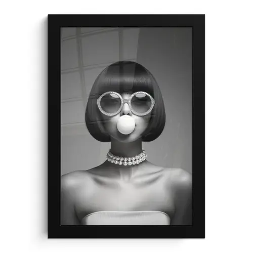 Vrouw - Zwart Wit - Ketting - Zonnebril fotolijst zwart zonder passe partout klein -3d