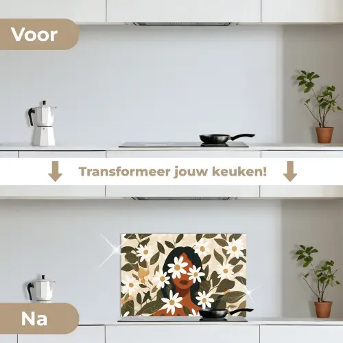 Illustratie - Vrouw - Madeliefjes - Wit keuken achterwand spatscherm klein -voor_na_NL