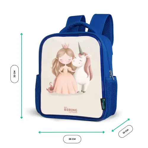 Prinses en een eenhoorn in pastel kleuren Kinderrugzak - Blauw middel -productfoto_formaten