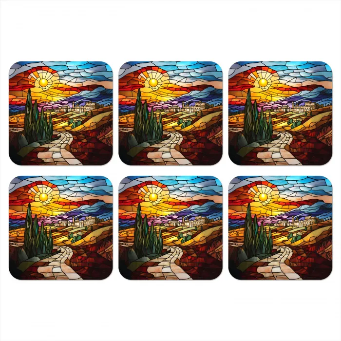 Mozaïek - Zon - Landschap - Dorp onderzetter kurk middel -3d