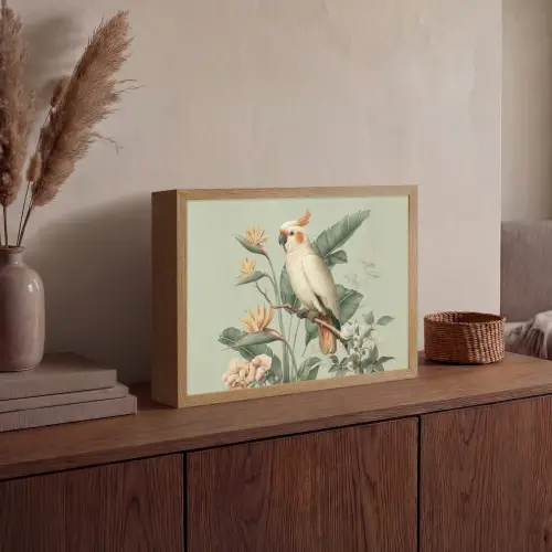 Gele kuifkaketoe - paradijsvogelbloemen - Groen Light Box met batterij (Wandlamp) middel -sfeer2