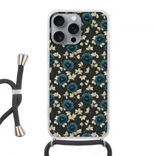 Botanisch - Bloemen - Blauw Hoesje iPhone 16 Pro Max met koord klein 804 -3d