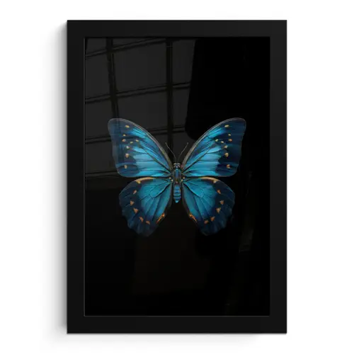 Vlinder - Blauw - Contrast fotolijst zwart zonder passe partout klein -3d