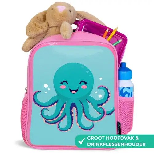 Octopus - Blauw - Gezicht Kinderrugzak - Roze middel -inhoud_NL