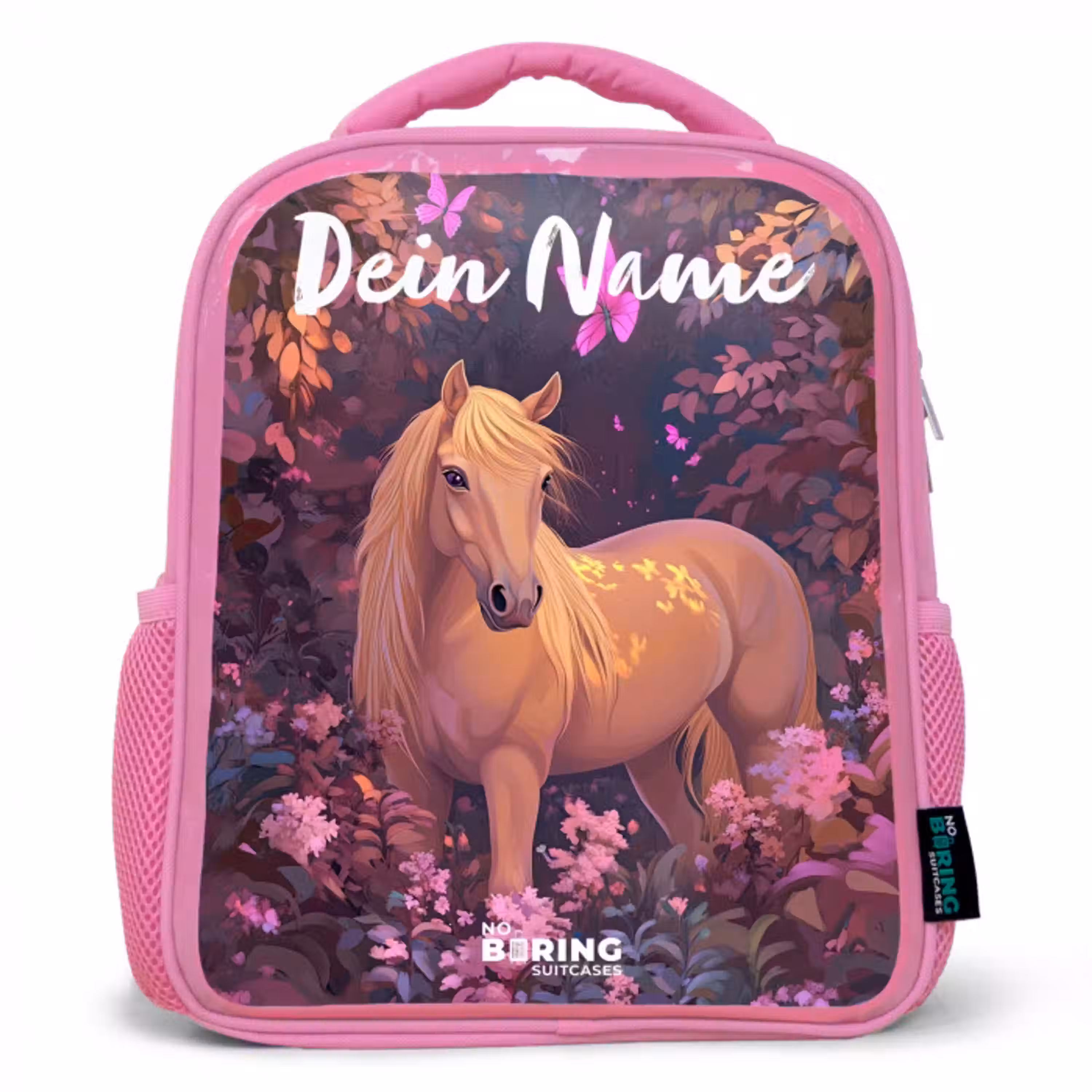 Paard - Bloemen - Paars - Vlinder Kinderrugzak - Roze middel -3d