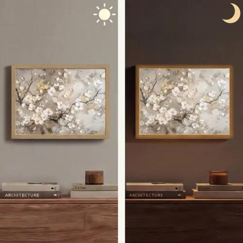 Bloemen - Wit - Goud - Beige  - Luxe Light Box met batterij (Wandlamp) middel -sfeer3