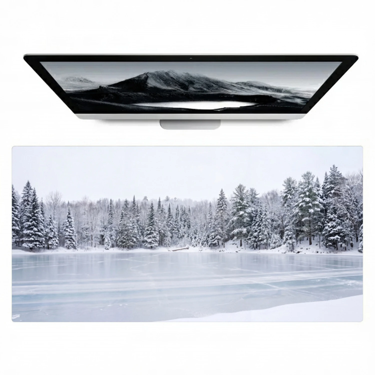 Meer - Dennen - IJs - Winter - Rustgevend Muismat XXL klein -zzz3d