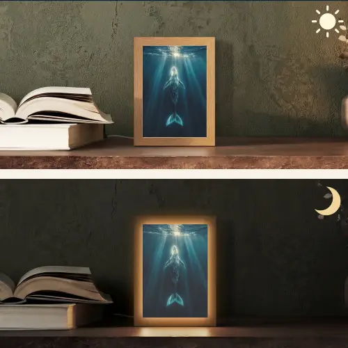 Walvis - Water - Zonnestralen - Blauw Light Box met kabel (Tafellamp) klein -sfeer3