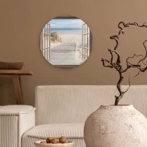 Doorkijk - Strand - Duinen - Pad - Landschap Wandcirkel kunststof plaat 5mm dik klein -sfeer1
