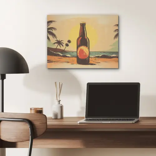 Bierfles - Zonsondergang - Palmbomen - Zee PET vilt klein -sfeer5
