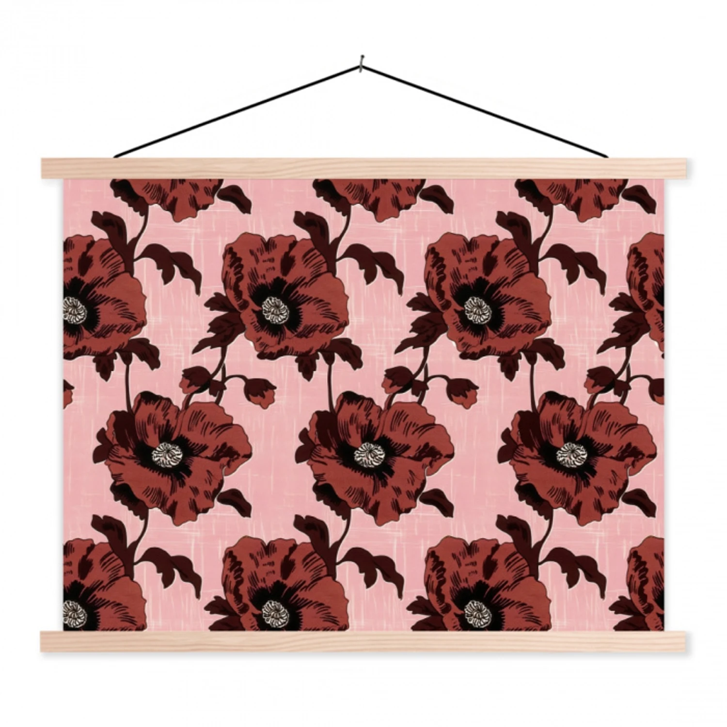 Bloemen - Retro - Rood textielposter latten blank klein 122 -3d