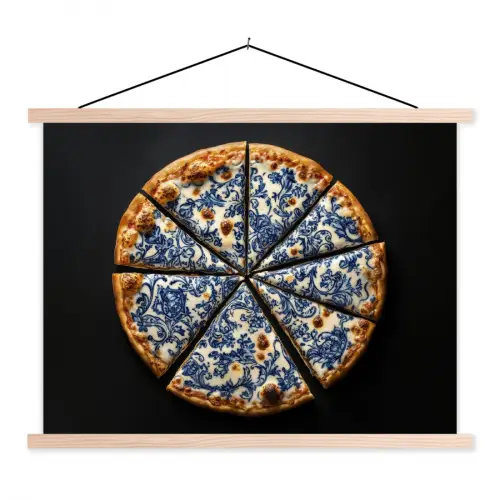 Pizza - Eten - Delftsblauw textielposter latten blank klein -3d