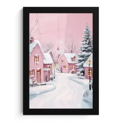 Kerstdorp - Roze - Winter - Sneeuw - Huizen fotolijst zwart zonder passe partout klein -3d