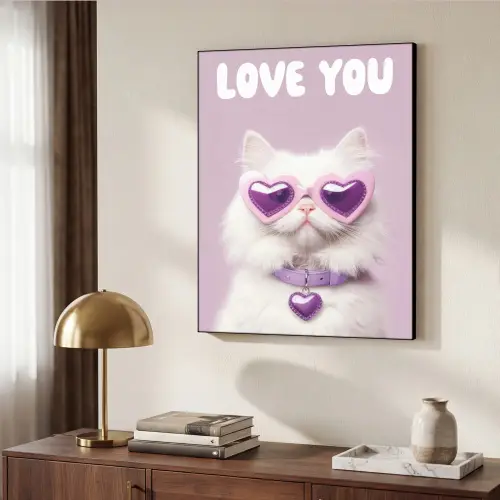 Kat - Love - Paars - Valentijn Textielframe zwart klein -sfeer3