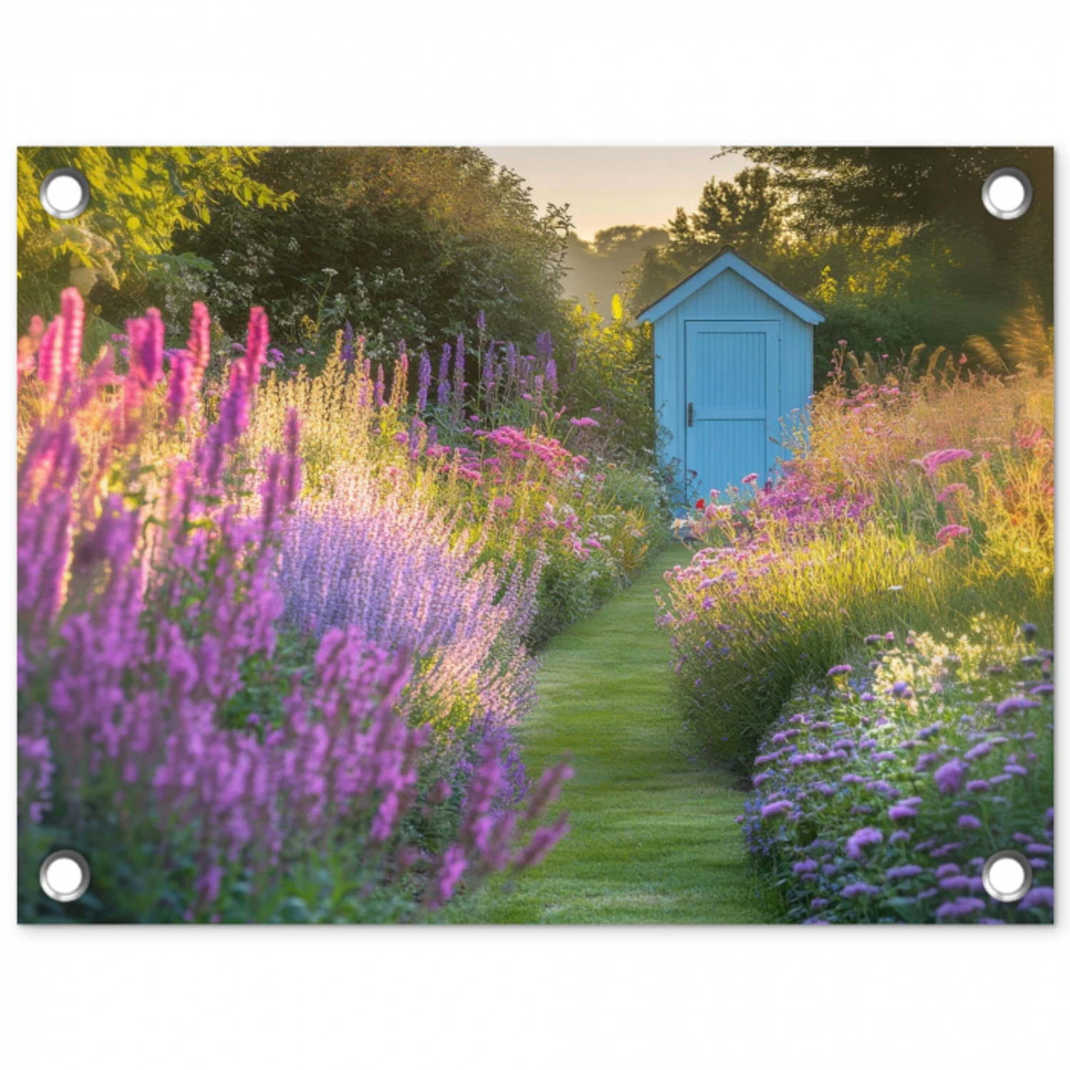 Tuinhuisje - Blauw - Bloemen tuinposter los doek klein -3d
