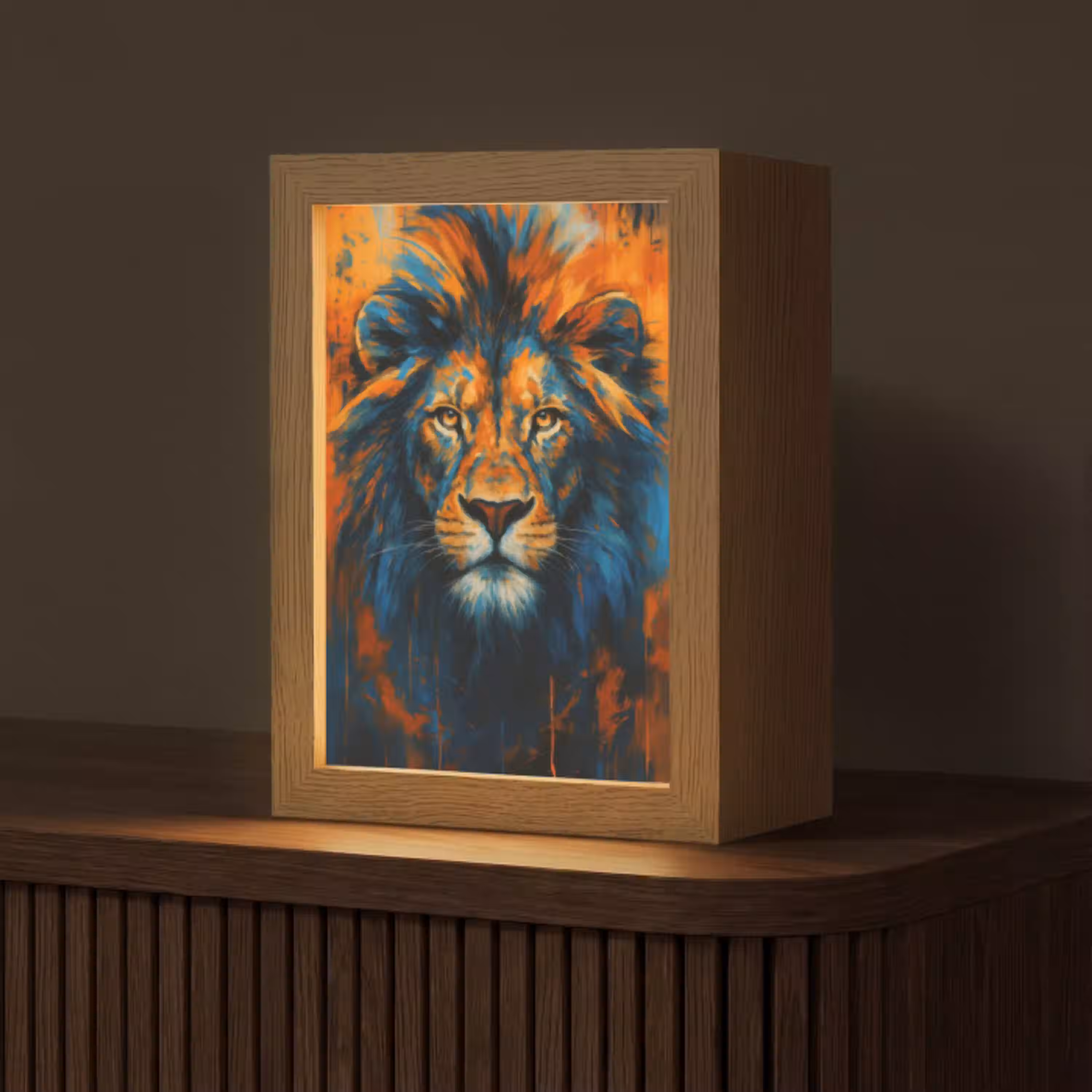 Schilderij - Leeuwenkop - Oranje Light Box met kabel (Tafellamp) klein -z3d_website