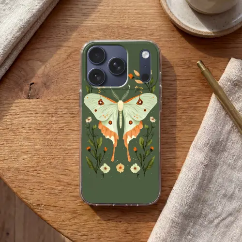 Bloemen - Bladeren - Olijfgroen - Vlinder Telefoonhoesje iPhone 17 Pro klein -sfeer1