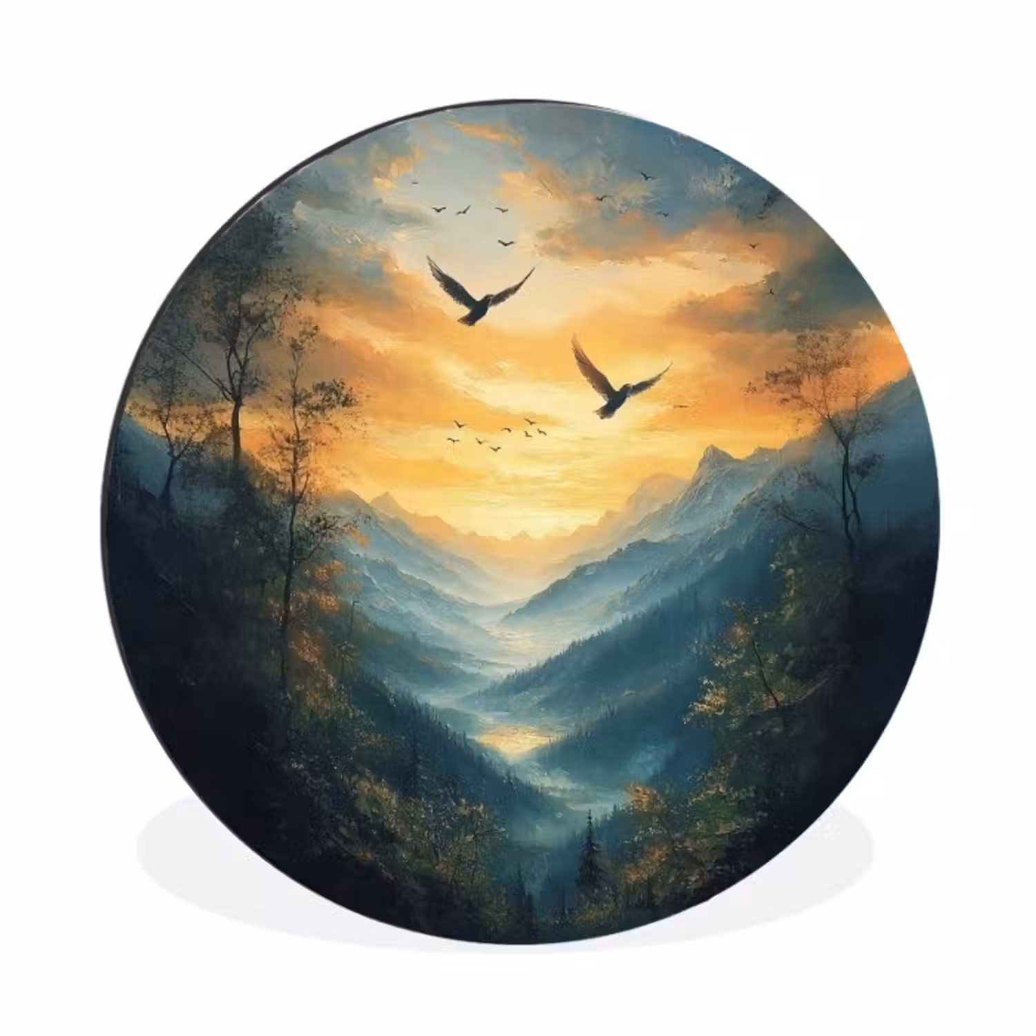 Wandcirkel Aluminium – Vogels - Zon - Bomen - Groen