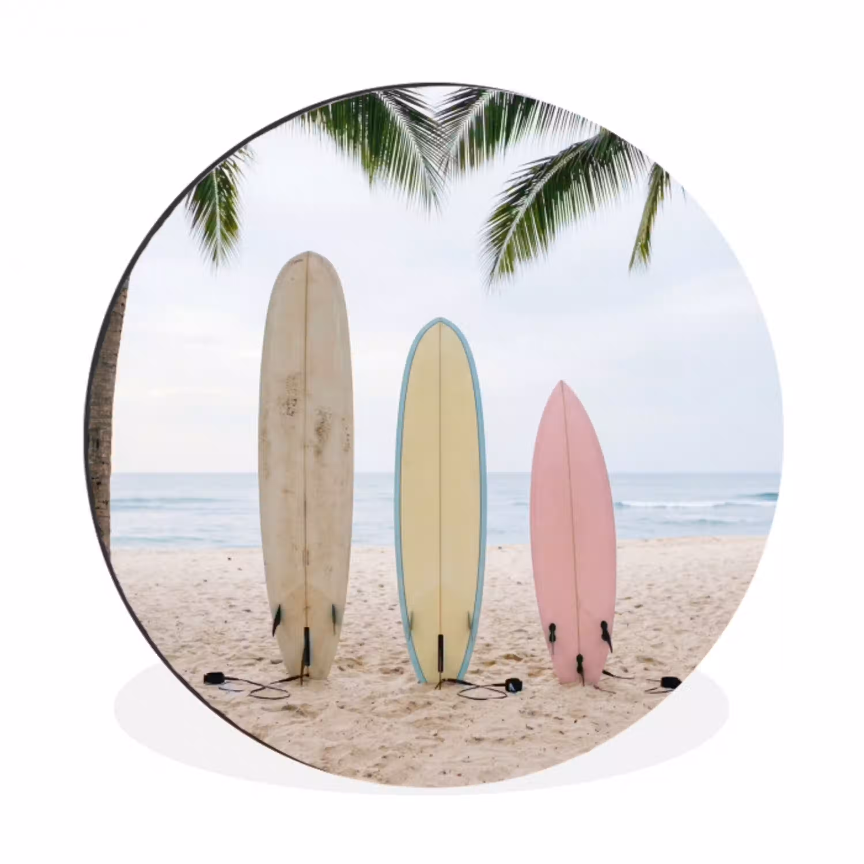 Surfboard - Palmbomen - Kleurrijk Wandcirkel aluminium klein -3d