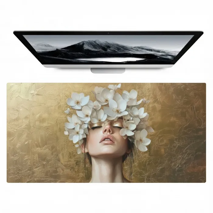 Gezicht - Bloemen - Goud - Abstract Muismat XXL klein -zzz3d