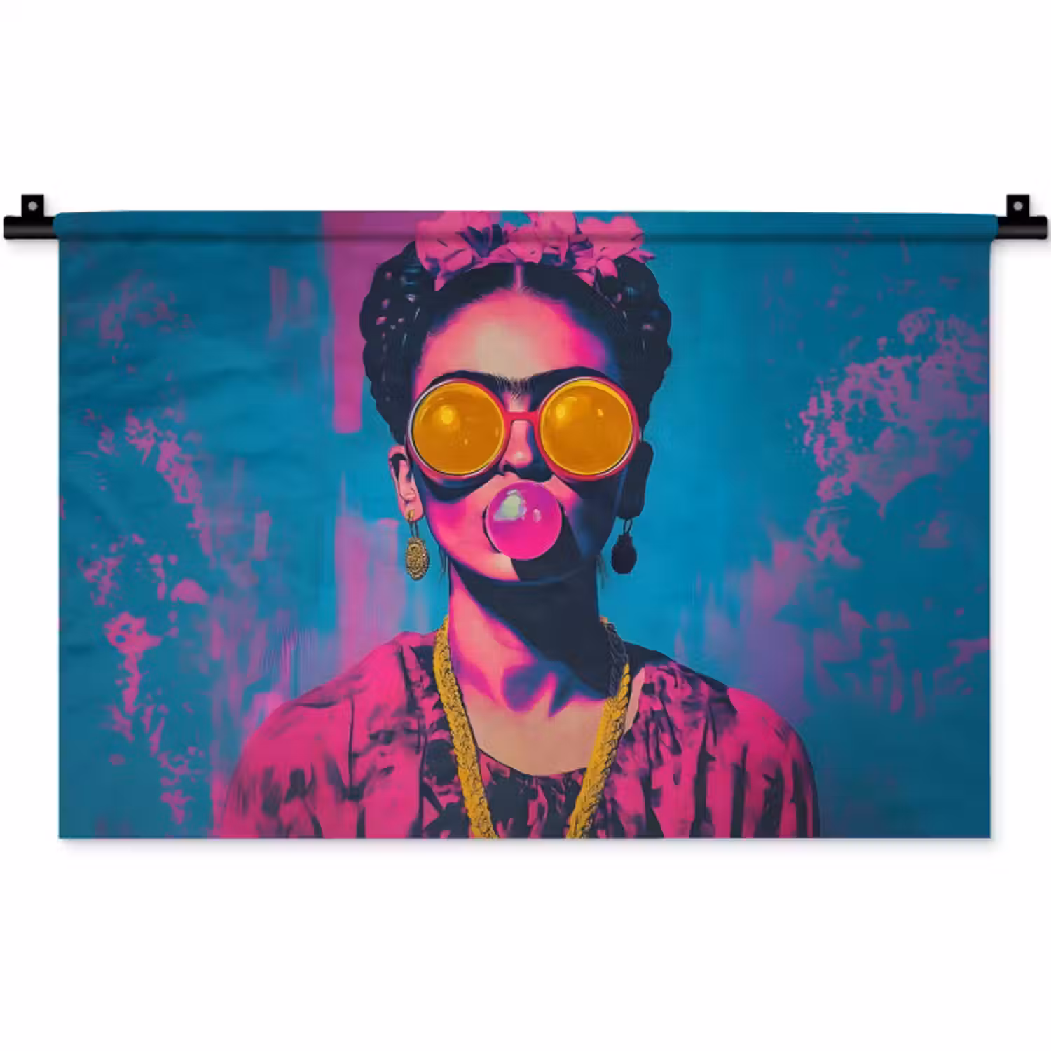 Wandkleed - Vrouw - Kauwgom - Zonnebril - Oranje