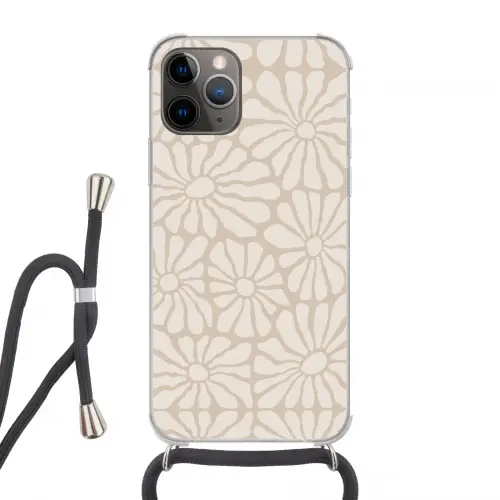 Bloemen - Print - Beige - Bruin - Minimalistisch Hoesje iPhone 12 Pro met koord klein -3d