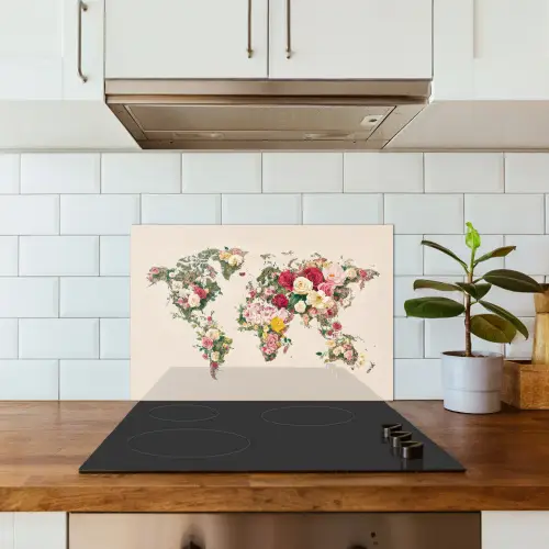 Wereldkaart - Bloemen - Roze keuken achterwand spatscherm klein -sfeer2