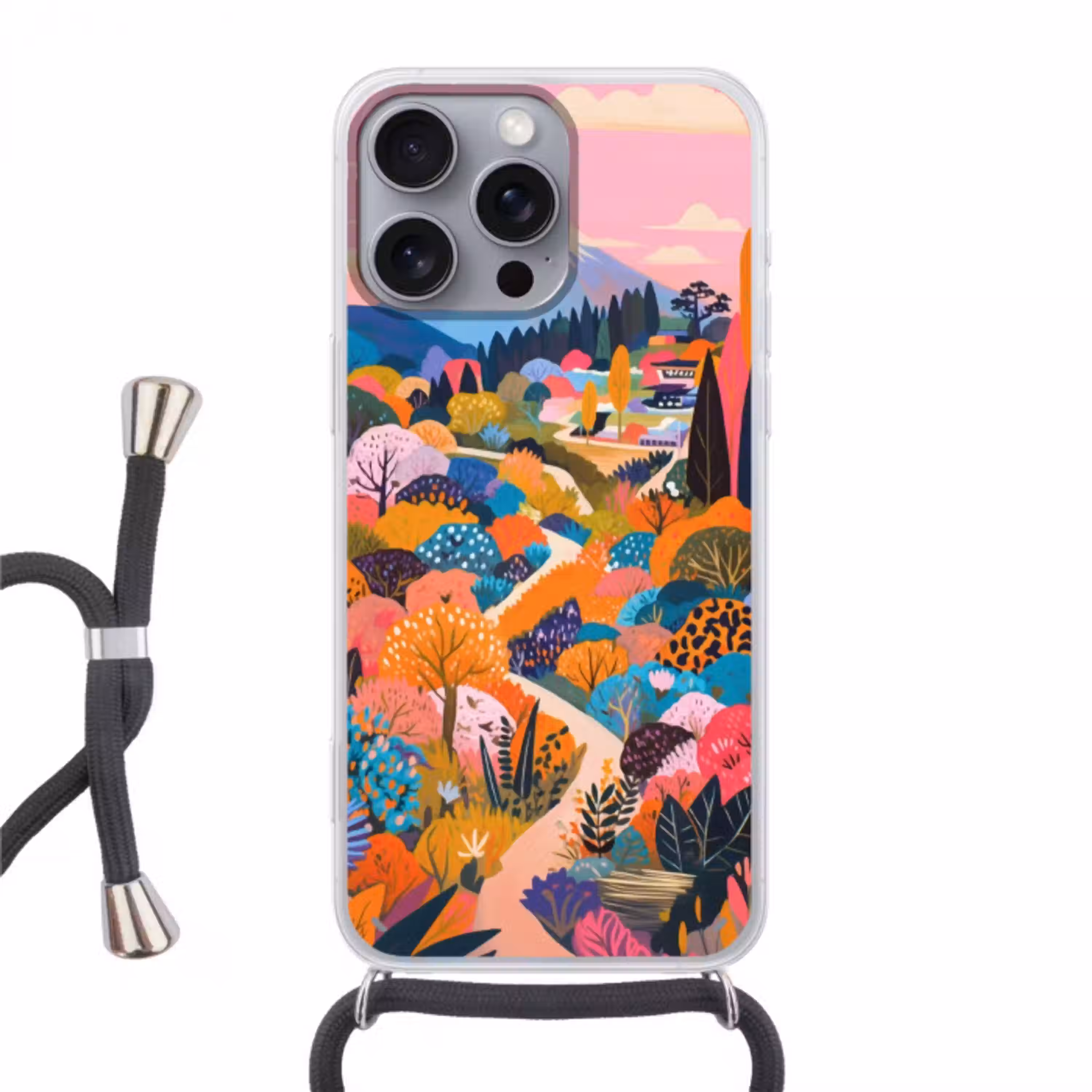 Witte bergtop - Modern - Kleurrijk Hoesje iPhone 16 Pro Max met koord klein -3d