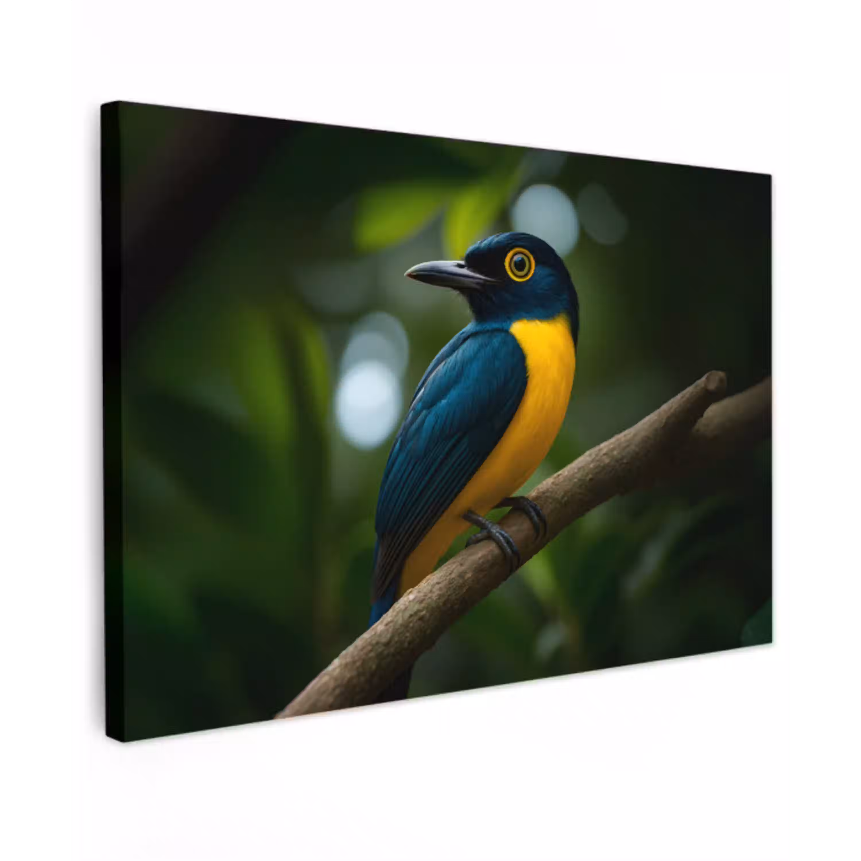 Vogel - Tak - Geel - Bladeren Tuinposter op houten frame 2 cm dik klein -3d