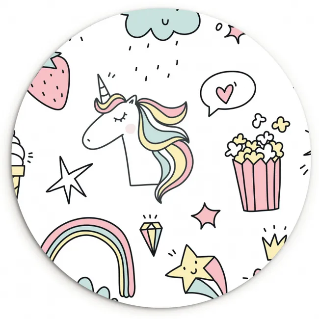 Patronen - Eenhoorn - Kinderen - Meisjes - Regenboog - Pastel Wandcirkel kunststof plaat 5mm dik klein -3d