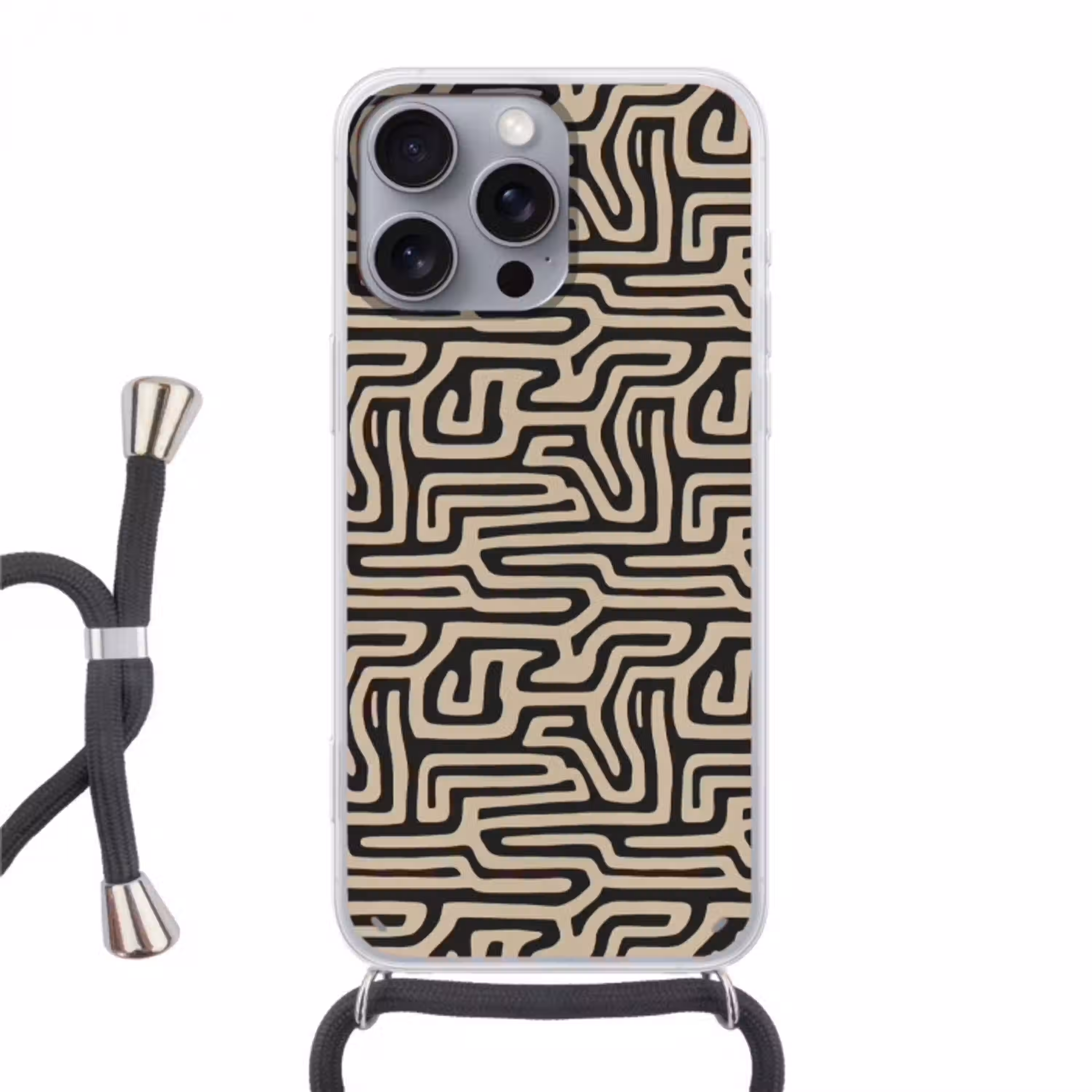 Grafisch - Lijnen - Zwart Hoesje iPhone 16 Pro Max met koord klein 804 -3d