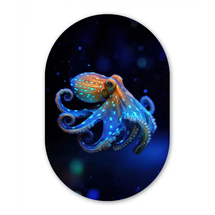 Octopus - Stippen - Blauw - Zee Wandcirkel Ovaal Glas middel -3d