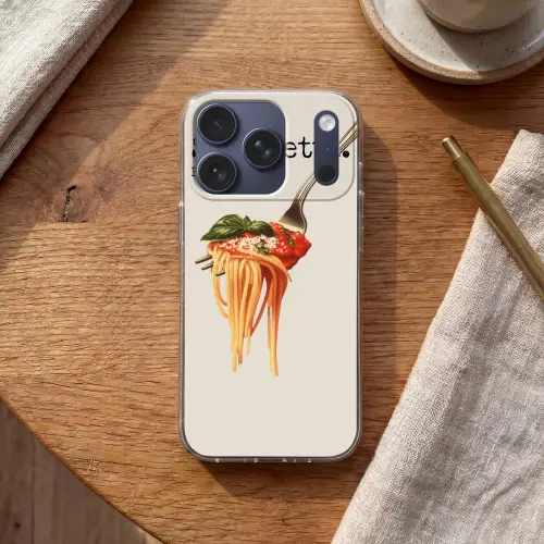 Spaghetti - tomatensaus - Parmezaanse kaas Telefoonhoesje iPhone 17 Pro klein -sfeer1