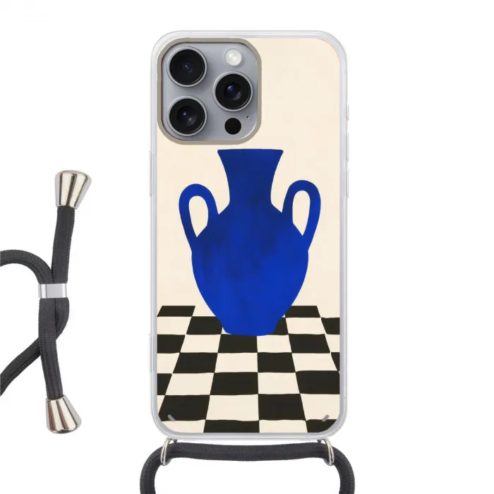 Vaas - Blauw - Geblokt - Modern Hoesje iPhone 16 Pro Max met koord klein -3d