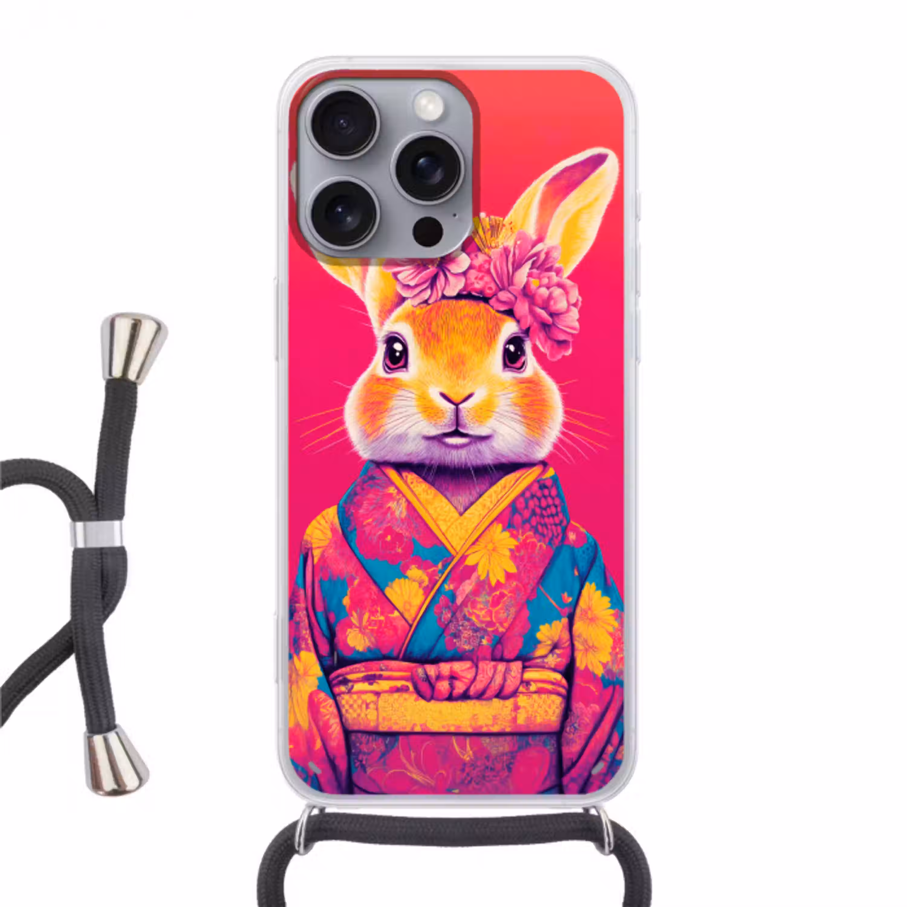 Konijn - Bloemen - Kleurrijk - Kimono Hoesje iPhone 16 Pro Max met koord klein -3d