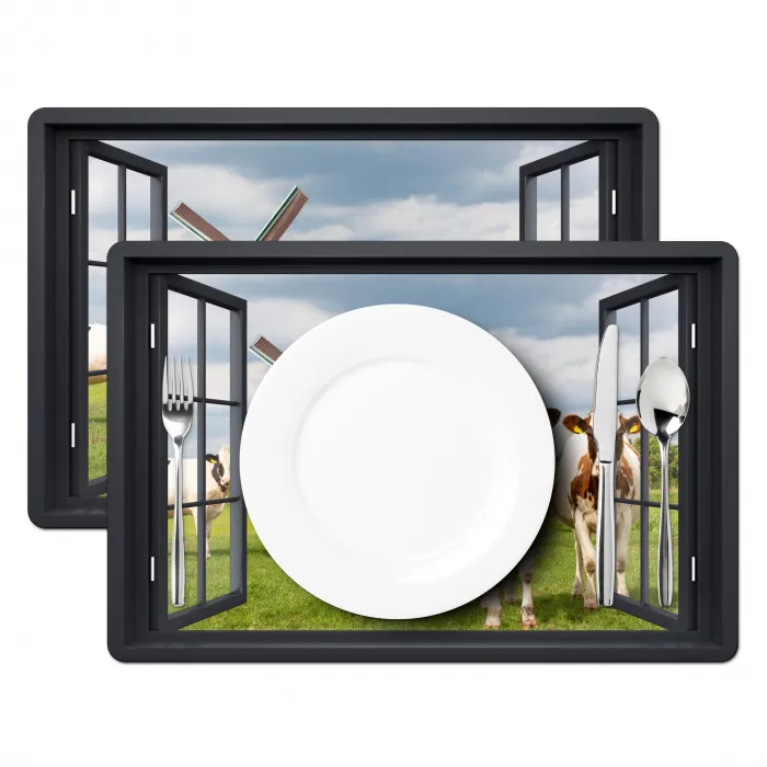 Doorkijk - Koe - Molen - Koeien - Weiland - Gras - Groen Placemat vinyl groot -zzsfeer2_Kitchenyeah-website