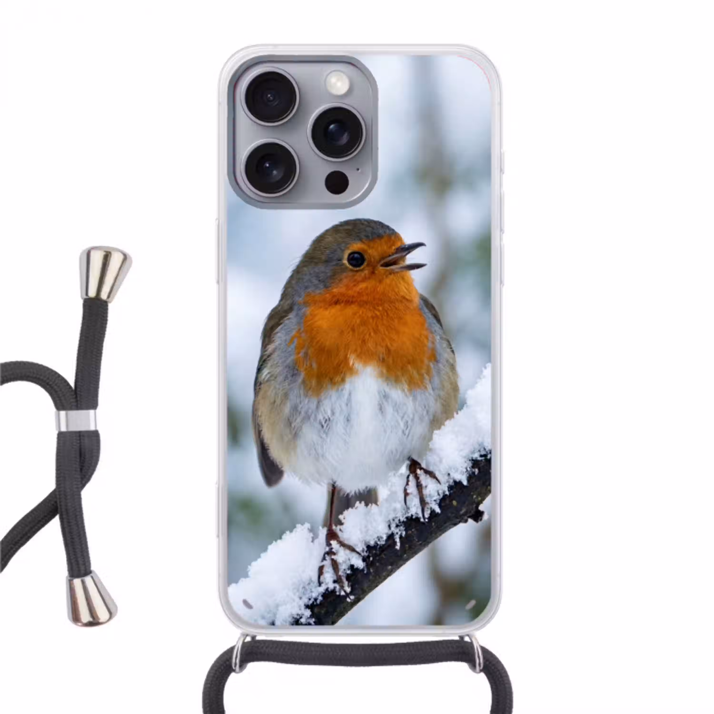 Roodborstje - Tak - Sneeuw - Winter - Levendig Hoesje iPhone 16 Pro Max met koord klein -3d