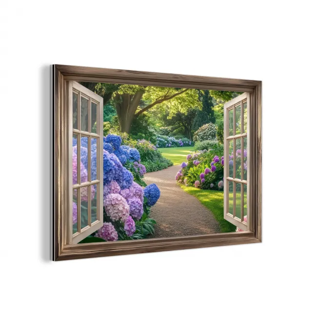 Doorkijk - Tuin - Raam - Hortensia - Bloemen aluminium wit klein -3d