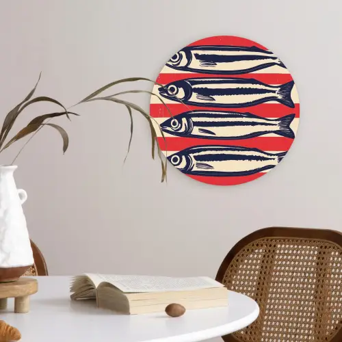 Sardines - Rood en beige strepen Wandcirkel kunststof plaat 5mm dik klein -sfeer4