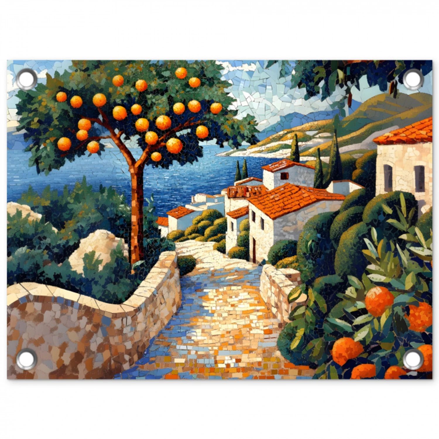 Huizen - Mozaïek - Sinaasappelbomen - Zee tuinposter los doek klein -3d