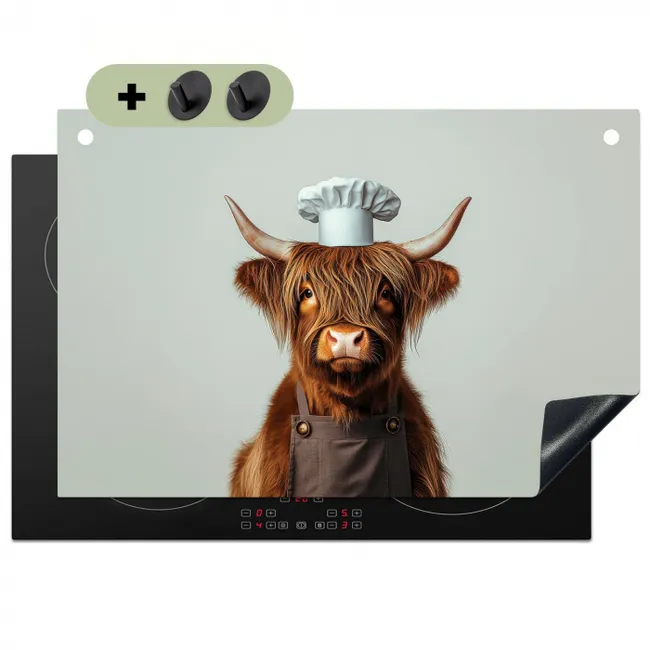 Schotse Hooglander - Bruin - Hoorns - Kokskleding Inductie beschemer met haakjes klein -3d