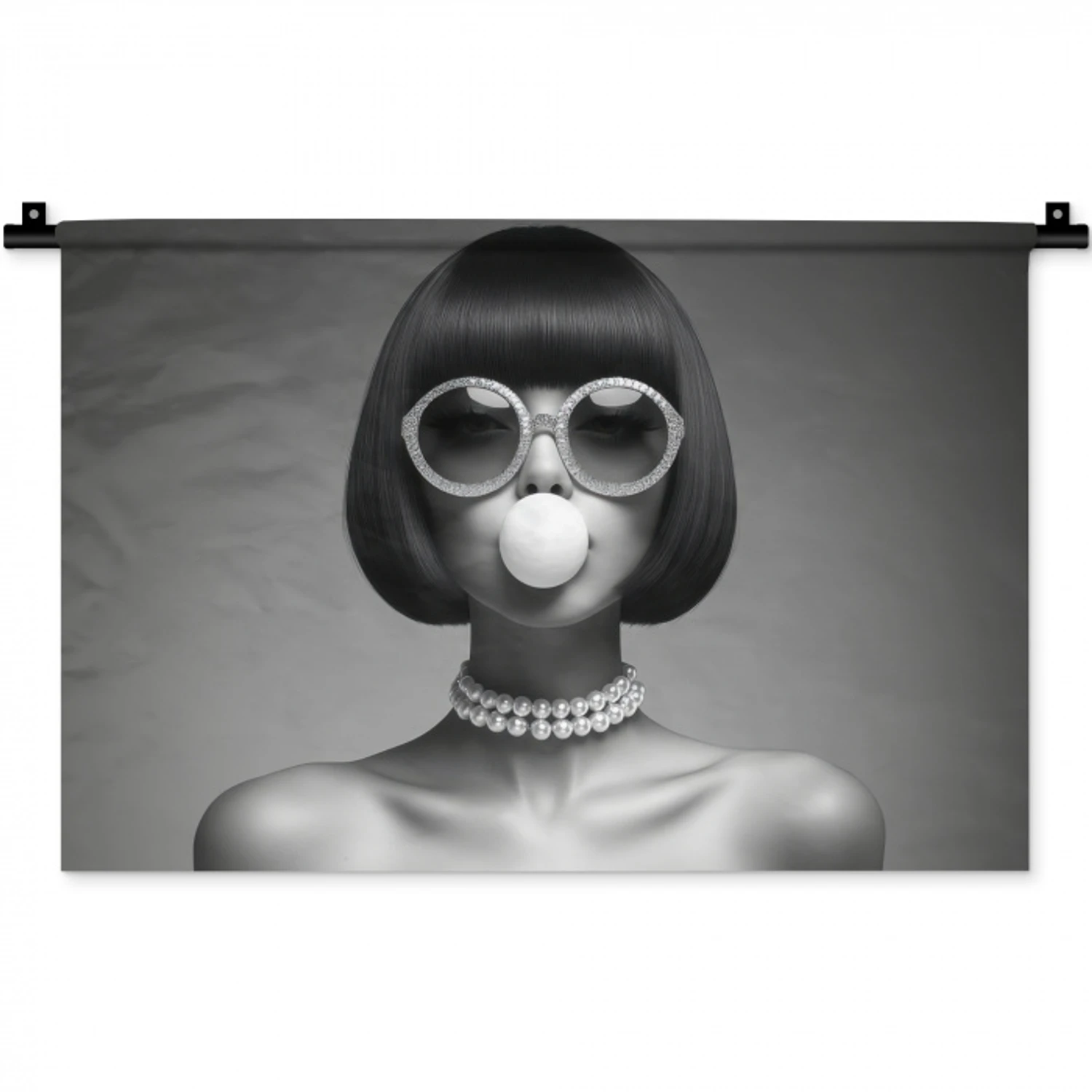 Vrouw - Zwart Wit - Ketting - Zonnebril Wandkleed katoen klein -zz3d