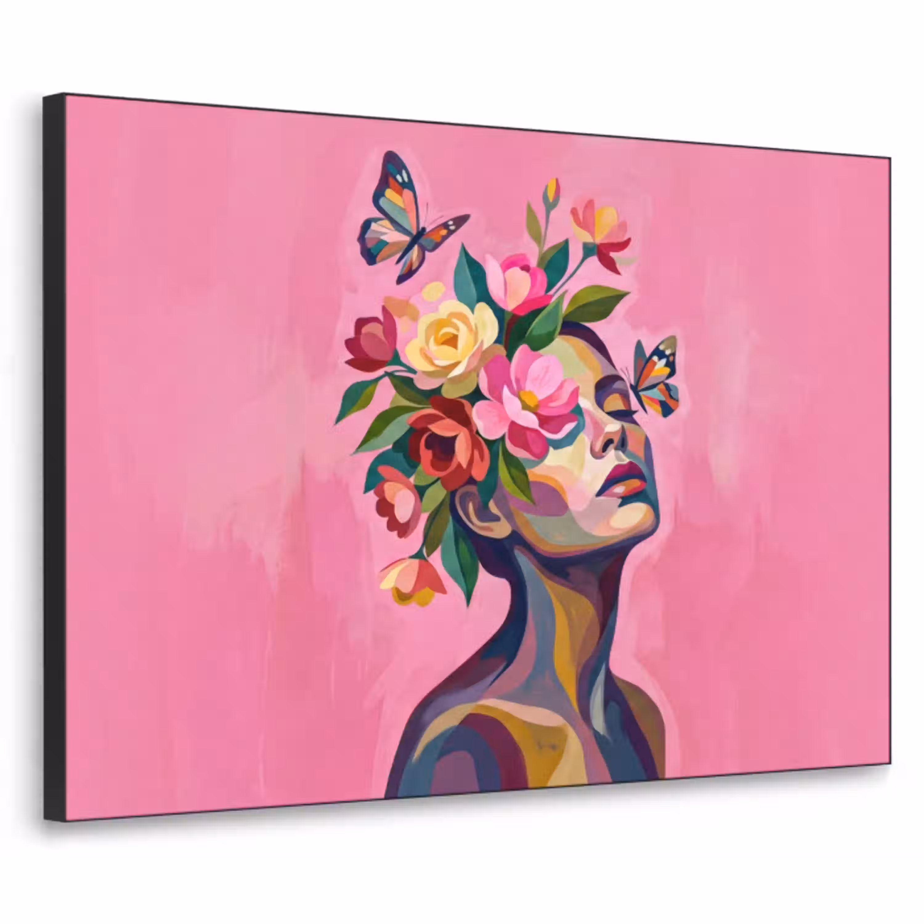 Vrouwengezicht - Vlinders - Kleurrijk Textielframe zwart klein -3d