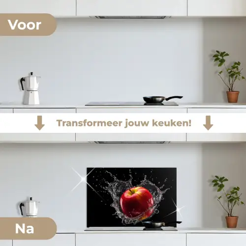 Appel - Rood - Water - Zwart - Fruit keuken achterwand spatscherm klein -voor_na_NL