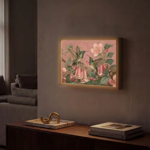 Kolibries - Bloemen - Groen - Roze Light Box met batterij (Wandlamp) middel -sfeer1