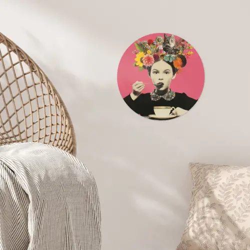 Meisje - Kopje - Bloemen - Roze Wandcirkel behangsticker klein -sfeer4