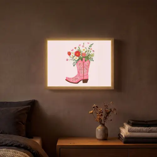 Cowboylaarzen - Roze - Boeket - Bloemen Light Box met batterij (Wandlamp) middel -sfeer4