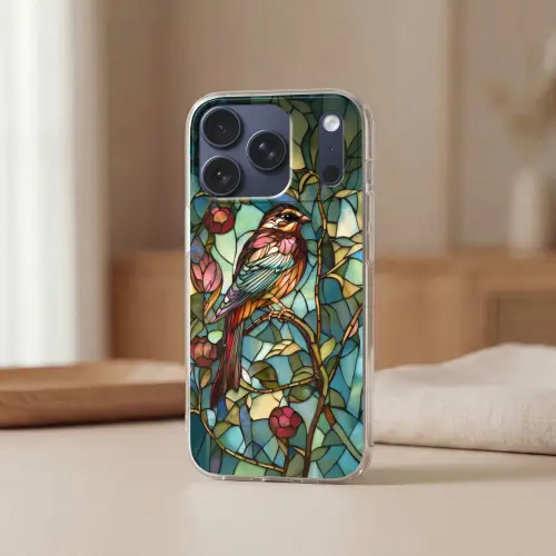 Vogel - Tak - Rozen - Mozaïek Telefoonhoesje iPhone 17 Pro klein -sfeer2
